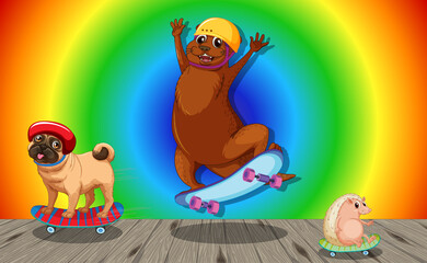Funny animals doing different activities on rainbow gradient background