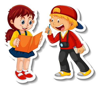 Sticker template with couple of kids students cartoon character isolated