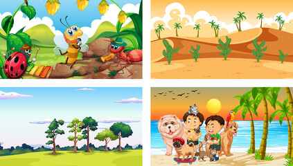 Obraz na płótnie Canvas Four different scenes with children cartoon character