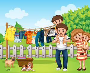 Outdoor scene with happy family playing with their dogs