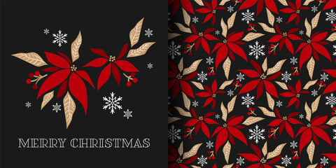 Christmas holiday season banner of Merry Christmas text and seamless pattern of Christmas winter poinsettia flower branches decorative with holly berry branch and snowflakes on black background.