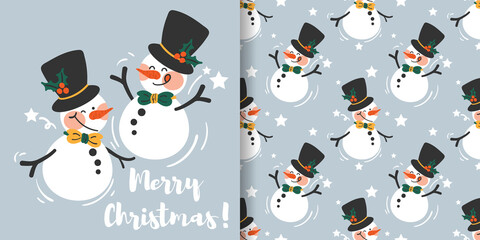 Christmas holiday banner with Merry Christmas text and seamless pattern of cute snowman wearing a black hat decorated with holly berry branches on a light gray background with stars. 