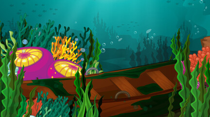 Underwater scene with sunken boat and tropical coral reef
