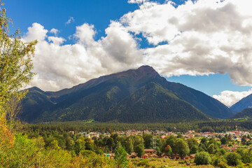 Mountain range road autumn landscape in Arkhyz
