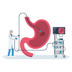 Gastroenterology concept. Clinical researches. Vector illustration flat design. Isolated on white background. Diagnosis of the disease of the stomach. Landing page, medical clinic template.
