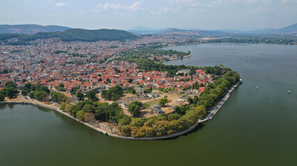 Fototapeta na wymiar Aerial drone photo of iconic castle and ancinet citadel of Ioannina featuring Byzantine Museum, Its Kale Acropolis, Fetiche Mosque and Ali Pasha's tomb, Epirus, Greece