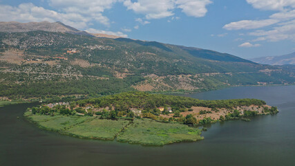 Aerial drone photo of beautiful small inhabited  island in lake Pamvotida of Ioannina featuring Ali Pasha and Revolutionary Period Museum, Epirus, Greece