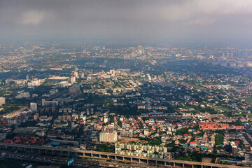 aerial view of the city with smoke 