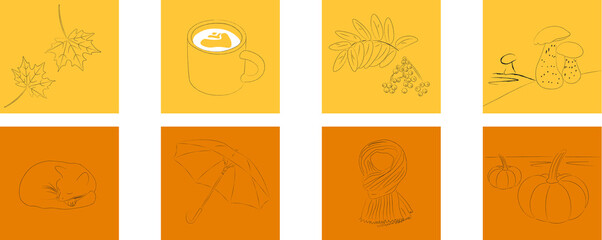 A selection of illustrations on the theme of autumn in yellow-orange tones