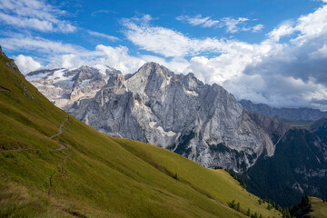 Fototapeta na wymiar View of Marmolada from the Viel del Pan trail. Dolomites.