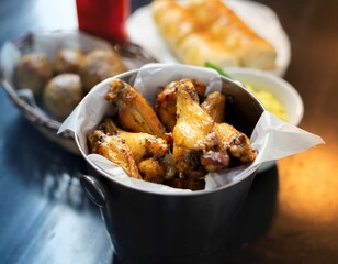 fried chicken wings in metal bucket with side of bread and cheese and fried balls