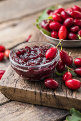 Homemade dogwood cornel jam in glass jar