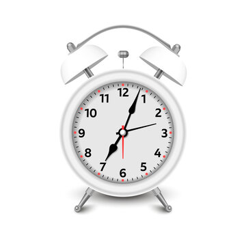 Alarm clock. 3d illustration isolated on white background. White alarm clock set at one close-up.
