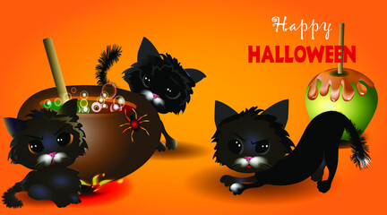 cute black kittens. Happy Halloween. For design banner, poster, party invitation ...