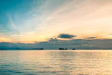 Panorama of the sea and islands at sunset. 4K time-lapse