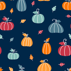 Cute hand drawn Thanksgiving seamless pattern with pumpkins and leaves, colorful background, great for textiles, banners, wallpapers, wrapping - vector design