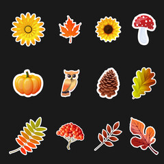 Autumn Element Stickers. Sunflower, Maple Leaf, Mushroom, Pumpkin, Owl, Pinecon, Cherries