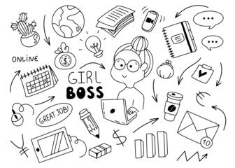 Girl boss doodle set vector illustration. businesswoman, girl at laptop, notebook, cactus, email, coffee, mean currencies, pencil, computer mouse, idea, tablet icons set.
