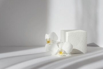 Improvised white 3d podium for presentations of packaging and cosmetics. Foam cube with two orchid flowers next to it, in rays of morning sun. Hard shadows from objects fall on white background