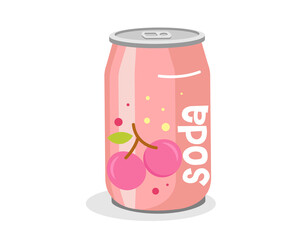Soft drink Cartoon pink can. Vector illustration of soda drink aluminum can with splashing water droplets on the label. Isolated, eps 10.