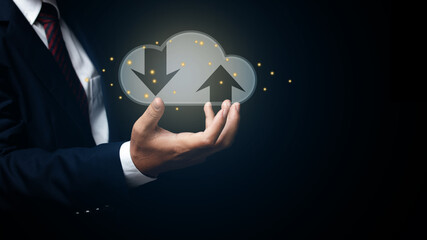 Business man holding icon cloud server computing connection data information in hand.