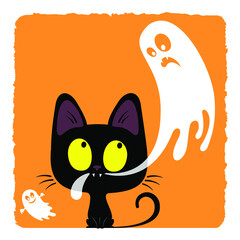 Funny black kitten catching a ghost. Halloween vector illustration.