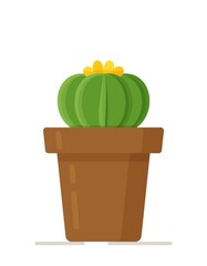 Vector illustration of an isolated round cactus in a brown pot. Room plant for illustrations with surroundings.