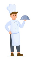 Vector illustration of chef character. Isolated on white background chef with cloche in hand. Prepared dinner in a restaurant. 