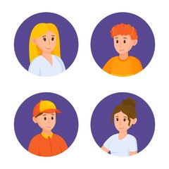 Circular avatars with the faces of young men. Vector illustration of avatars of a variety of men and women. Communicating with people remotely. Pandemic. 