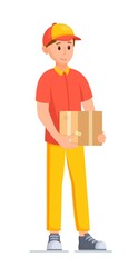 Vector cartoon flat illustration of a courier isolated on a white background with a box in his hands. Deliverer of goods and parcels. Secure Goods Delivery Service. 