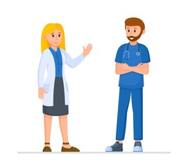The concept of health care and health insurance. Vector flat illustration medical meeting. Two doctors getting ready to go to an interview. 