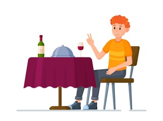 Vector illustration of restaurateur. Lunch or dinner at a restaurant after work. Ordering. Isolated on white background round table with tablecloth, glass, wine and dishes under cloche. 