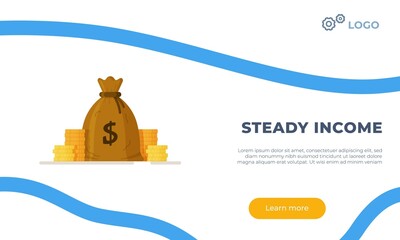 Vector illustration of steady income. Bag of coins isolated on white background. Growth in income. Concept for banks. 