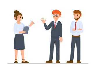 Vector illustration of teamwork. Conversation between interlocutors and the director. Three office workers isolated on white background. 