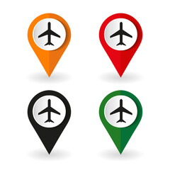 Plane, flight, airplane icons, set of colorful buttons in 4 color options. Map marker with plane icon, vector illustration