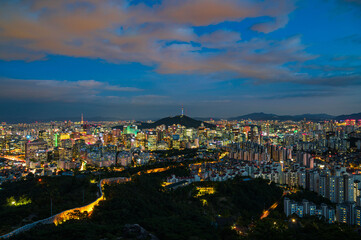 View of City sky , south korea, showing landmark Seoul tower in the financial district 