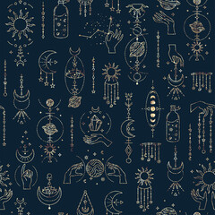 Magic seamless pattern with mystery symbols. Magical background