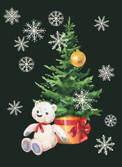 Watercolor christmas tree toy bear and snowflakes