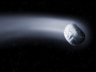 Comet tail, comet flies in space against the background of stars 3d illustration.