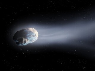 Comet tail, comet flies in space against the background of stars.