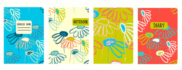 Cover page vector templates based on seamless patterns with hand drawn Echinacea flowers. Backgrounds for notebooks, notepads, diaries. Headers isolated and replaceable