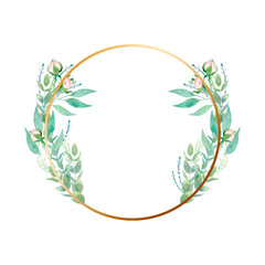 Watercolor floral wreath with eucalyptus and gentle pink rosebuds. Isolated botanical round frame with gold circle, eucalyptus branches and light flowers for prints, textile and wedding decoration. 