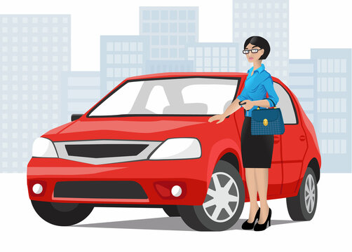 A business woman with a bag on her arm is standing near a red car. Car keys in hand. City landscape in the background. Buying, selling or renting a car. Vector illustration in flat style
