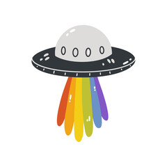 A UFO with a rainbow is an LGBTQ symbol. Vector illustration of a flying saucer isolated on a white background. A simple flat icon. Happy pride month.