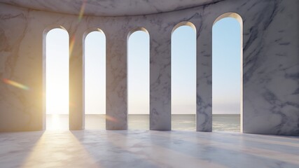 Interior room with windows overlooking the sunset sea 3d render