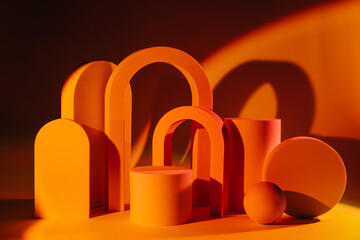 Abstract background with various geometrical forms and podiums in bright color.