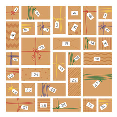 Craft paper new year advent calendar 31 day december. Rustic gift box. Eco decoration