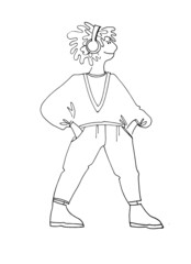 Young teenage girl standing headphones with hands in pockets. Outlined vector illustartion isolated on white background