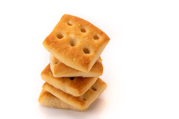 baked Genoese focaccia - stack of single-portion square loaves- bread of sourdough - isolated on white