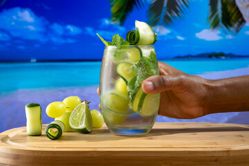 refreshing cacktail glass decorated with grapes, cucumber and lemon, held by a male hand on a beach...